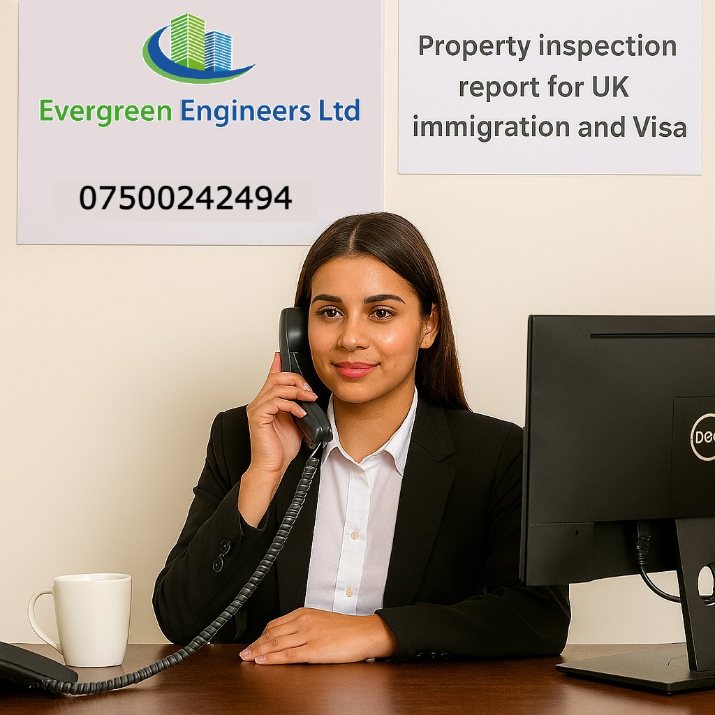 Professional property inspection report document for UK immigration and visa applications in Bath, provided by Evergreen Engineers Ltd, confirming adequate accommodation standards.