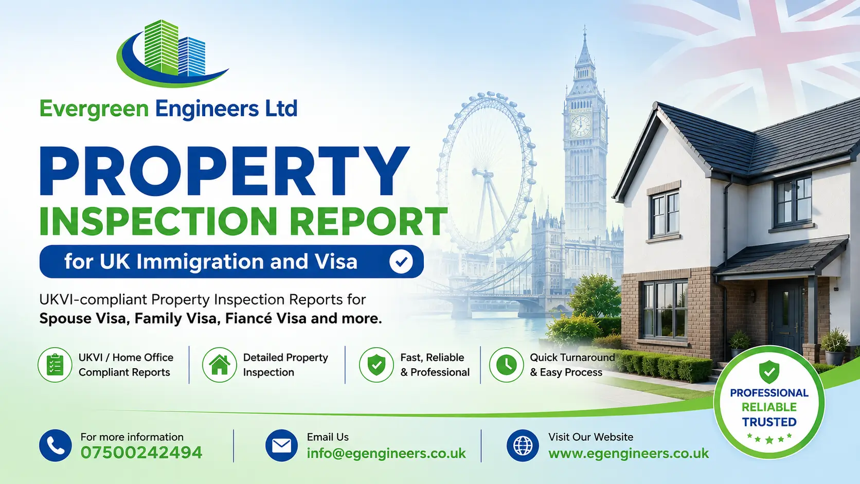 Professional property inspection report for UK immigration by Evergreen Engineers Ltd